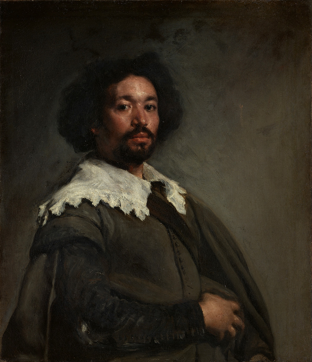 A Black man in a simple Renaissance cape and collar gazes toward the viewer with a serene expression