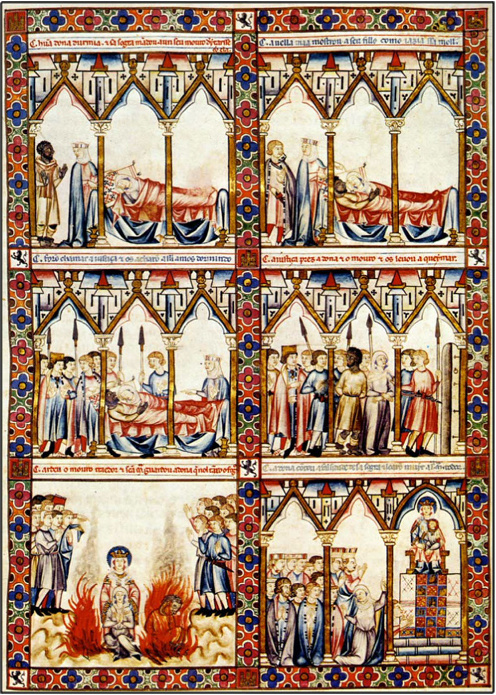 Six panels framed by colorful geometrical patterns illustrate different stages of the entrapment and execution of an innocent Black Moor.