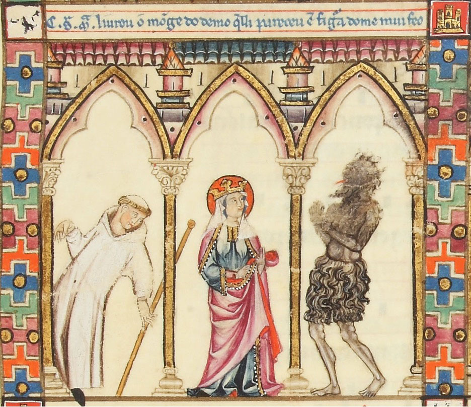 The Virgin Mary, backed by a monk with a staff, confronts a tall Black man with a shaggy beard and wooly thighs.