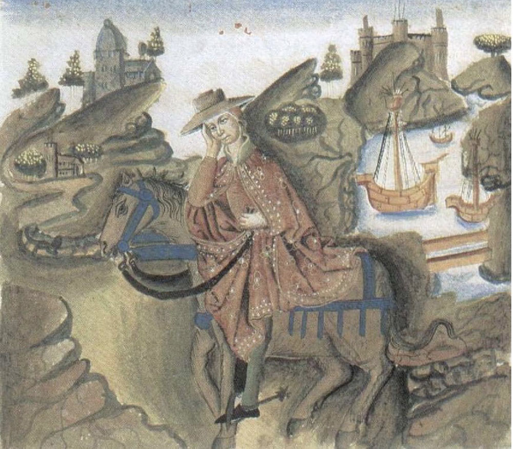 An olive-skinned man with a dreamy expression sits atop a finely caparisoned horse with a coastal port scene in the background.