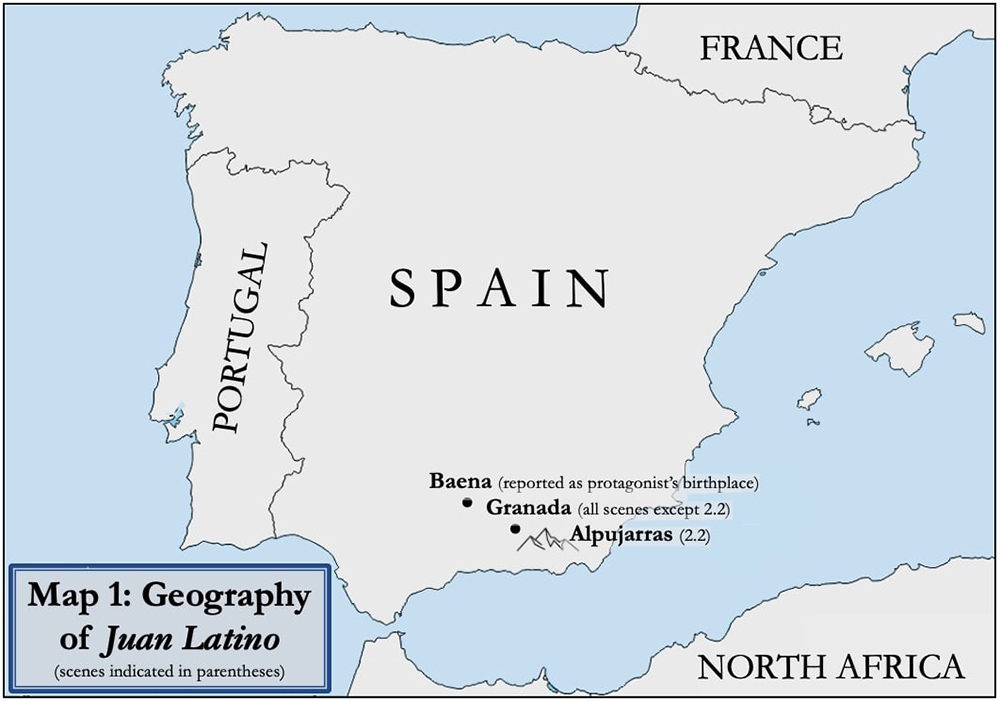 A map titled “Geography of Juan Latino” shows the locations of Baena, Granada, and the Alpujarras region in southern Spain.