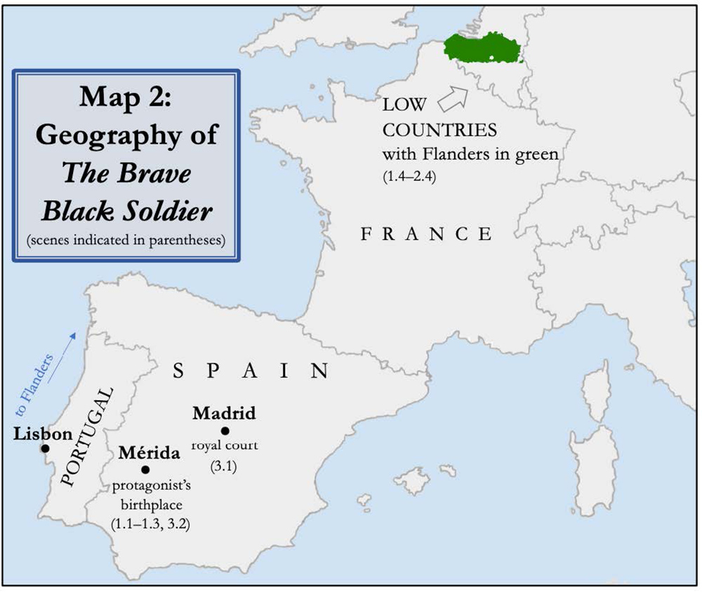 A map titled “Geography of The Brave Black Soldier” shows the locations of Madrid and Mérida in central Spain, Lisbon in western Portugal, and the Low Countries including Flanders in Northwest Europe.